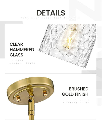 zeyu 1-Light Kitchen Pendant Lighting Fixture, Kitchen Island Ceiling Light, Vintage Pendant Light with Clear Hammered Glass, Brushed Gold Finish, ZJF63MIL BG