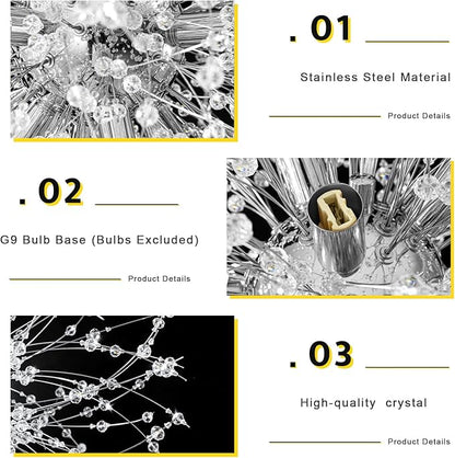 Qamra Modern Crystal Chandeliers, Chrome Firework Dandelion Sputnik Chandelier Light Fixture Pendant Lighting for Dining Room, Bedroom, Kitchen, Living Room(12-Light, Chrome)