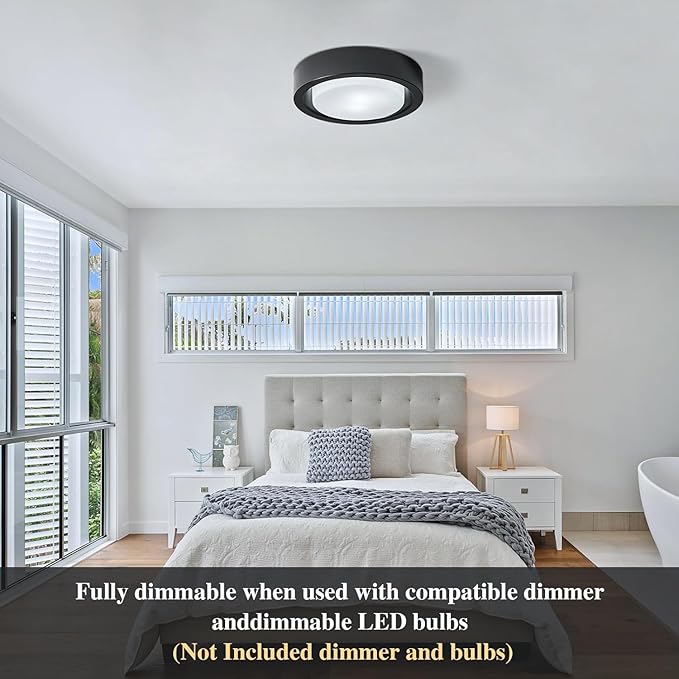 Black Flush Mount Ceiling Light,13 Inch Matte Black Ceiling Lighting Fixture,2-Light Modern Round Metal Lamp with White Frosted Glass Shade for Hallway Bedroom Closet Outdoor