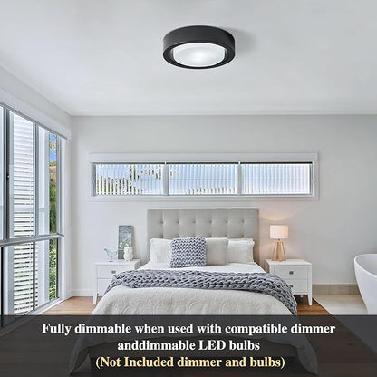 Black Flush Mount Ceiling Light,13 Inch Matte Black Ceiling Lighting Fixture,2-Light Modern Round Metal Lamp with White Frosted Glass Shade for Hallway Bedroom Closet Outdoor