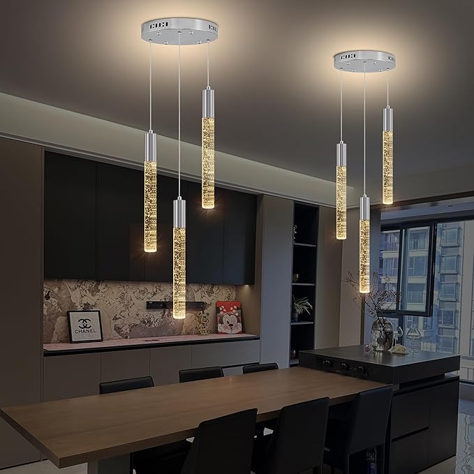 Modern Crystal Chandelier 3-Lights, Spiral LED Raindrop Kitchen Island Pendant Lighting, Bubble Foyer Dinimg Room Hanging Light Fixture Remote Control Chrome
