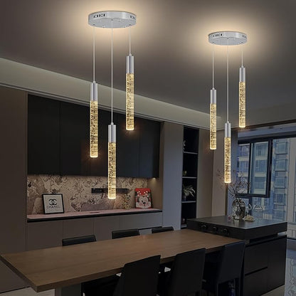 Modern Crystal Chandelier 3-Lights, Spiral LED Raindrop Kitchen Island Pendant Lighting, Bubble Foyer Dinimg Room Hanging Light Fixture Remote Control Chrome