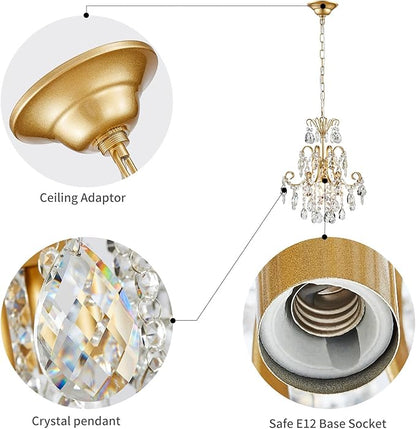 WUZUPS Crystal Chandelier 1-Light Pendant Ceiling Light Modern Lighting Fixture for Bedroom Hallway Bar Kitchen Bathroom, H 15.7" x W 13.8", E12 Base, Gold