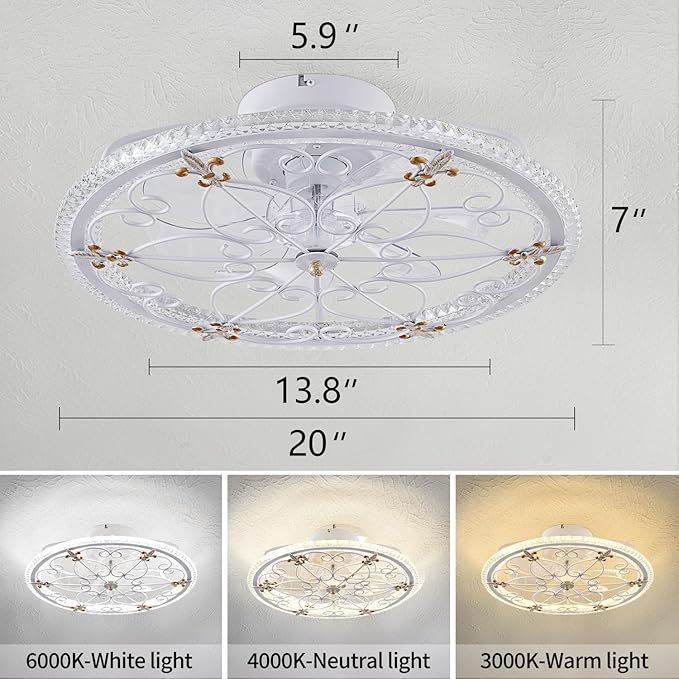 White Caged Ceiling Fan with Lights Remote Control, Farmhouse Industrial Ceiling Fan with Light for Kitchen Bedroom Living Room