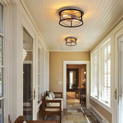 Q&S Flush Mount Ceiling Light Fixture Farmhouse Rustic Oak White and ORB Lighting for Hallway Entryway Kitchen Dining Room Bedroom Garage Gazebo Locker 2 Lights UL Listed