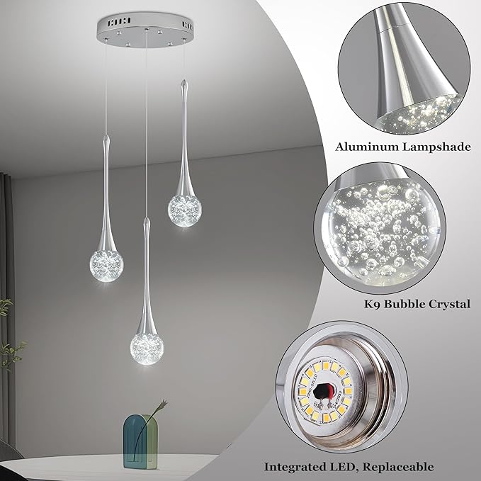 Modern Crystal Kitchen Island Chandelier 3-Lights Chrome, LED Dimmable Raindrop Indoor Lighting Fixture for Dining Room Foyer Entryway Remote Control