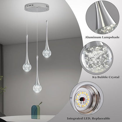Modern Crystal Kitchen Island Chandelier 3-Lights Chrome, LED Dimmable Raindrop Indoor Lighting Fixture for Dining Room Foyer Entryway Remote Control