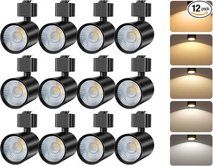 FLSNT LED J Track Lighting Heads, 10W (60W Eq.), 5CCT (2700K-5000K), 800LM CRI90 Dimmable Track Light Head, 36°COB Spotlight, J Type Compatible Track Light for Accent Lighting, Black, 12 Pack