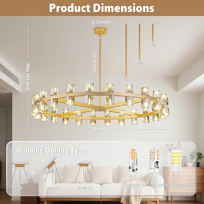 48-Light Large Gold Chandeliers for High Ceilings, 48 Inch Modern Crystal Wagon Wheel Chandelier, Farmhouse Industrial Round Chandelier Pendant Lighting Fixture for Dining Living Room Kitchen Foyer