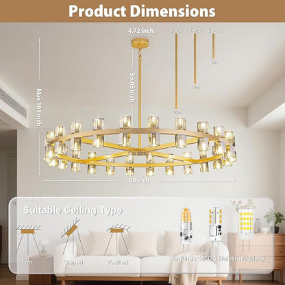 48-Light Large Gold Chandeliers for High Ceilings, 48 Inch Modern Crystal Wagon Wheel Chandelier, Farmhouse Industrial Round Chandelier Pendant Lighting Fixture for Dining Living Room Kitchen Foyer