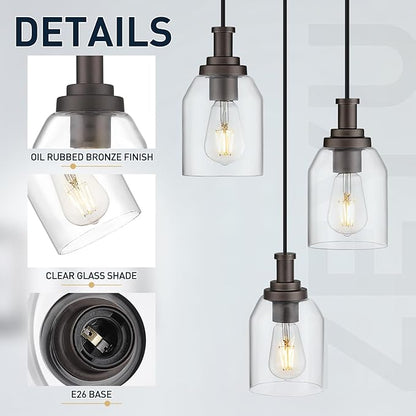 zeyu 3-Light Pendant Lighting, Adjustable Farmhouse Cluster Pendant Light for Kitchen Dining Room, Oil Rubbed Bronze Finish with Clear Glass Shade, ZG33-3 ORB
