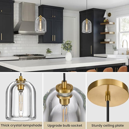 Crystal Pendant Light Kitchen Island: 2 Pack Gold K9 Crystals Lights - 5.1" Dimmable Contemporary Cylinder Light above Dining Table - Modern Ceiling Hanging Lighting for Bedroom E12 Bulbs Included