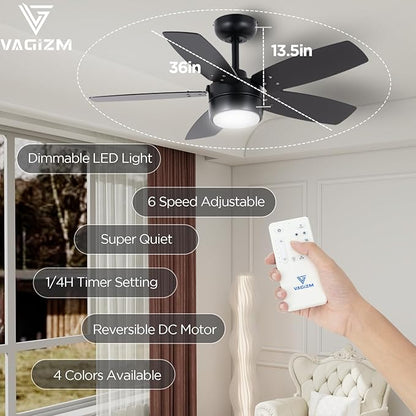 Ceiling Fan 36'' for Small Room Matte Black Modern Fans with Light Remote Control - Reversible Quiet DC Motor Dimmable with 6 Speeds for Bedroom Indoor Use