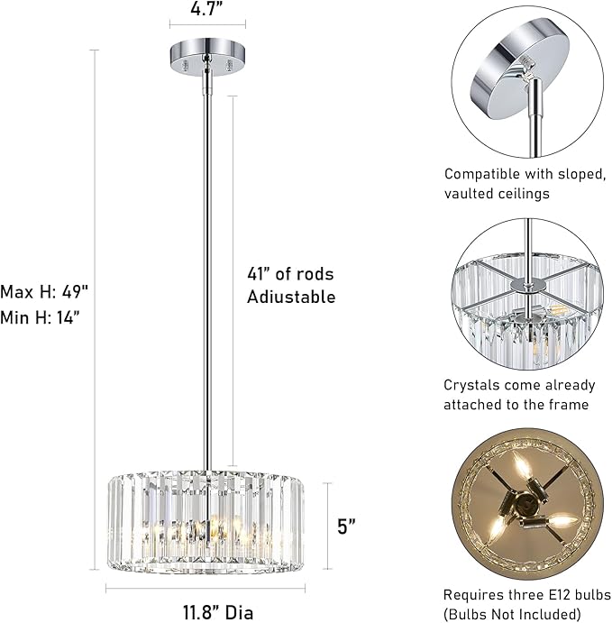 YURNYQ Chrome Crystal Chandelier, Small Modern Semi Flush Mount Ceiling Chandelier Light Fixtures, Round Hanging Lighting Fixture for Kitchen Bedroom Hallway Entryway Laundry Room, 3-Light, 11.8 Inch
