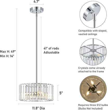 YURNYQ Chrome Crystal Chandelier, Small Modern Semi Flush Mount Ceiling Chandelier Light Fixtures, Round Hanging Lighting Fixture for Kitchen Bedroom Hallway Entryway Laundry Room, 3-Light, 11.8 Inch
