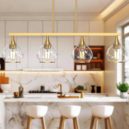 Kitchen Island Linear Pendant Light, 4-Light Gold Dining Room Chandelier with Clear Glass Globe Shades, Modern Linear Lighting Fixture Over Table