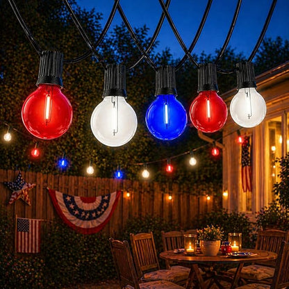 Novelty Lights G40 Filament LED String Light, Translucent Red/White/Blue Bulbs, 25 Globe Lights with 12" Spacing on Black Wire, Indoor/Outdoor Festive Patio Lights