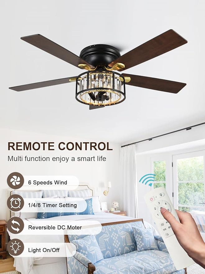 52" Flush Mount Crystal Ceiling Fan with Lights and Remote, Rustic Chandelier Ceiling Fan Low Profile Farmhouse Fandelier Light for Bedroom Living Room Kitchen, 3 E12 Bulbs (Not Included)