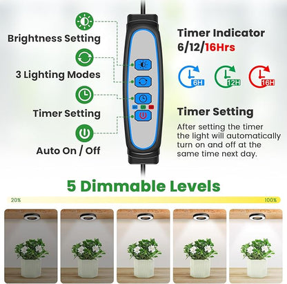 Wiaxulay Grow Lights for Indoor Plants, 144 LEDs Full Spectrum LED Plant Grow Light, 5V/3A Under Cabinet Grow Lamp with Auto Timer 6/12/16 Hrs, 3 Lighting Mode, 5 Brightness Levels, Tri Head (3.5in)