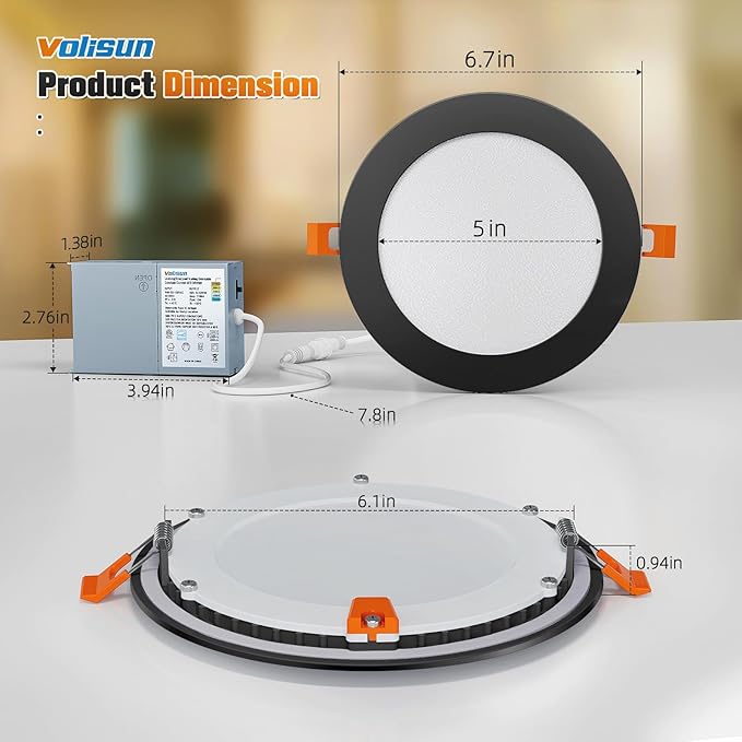 VOLISUN 24 Pack 6 inch Recessed Lighting, 5CCT LED Black Recessed Light, 2700K-5000K Selectable, Dimmable Canless Wafer Downlight,Can-Killer, LED Ceiling Light ETL Certificated