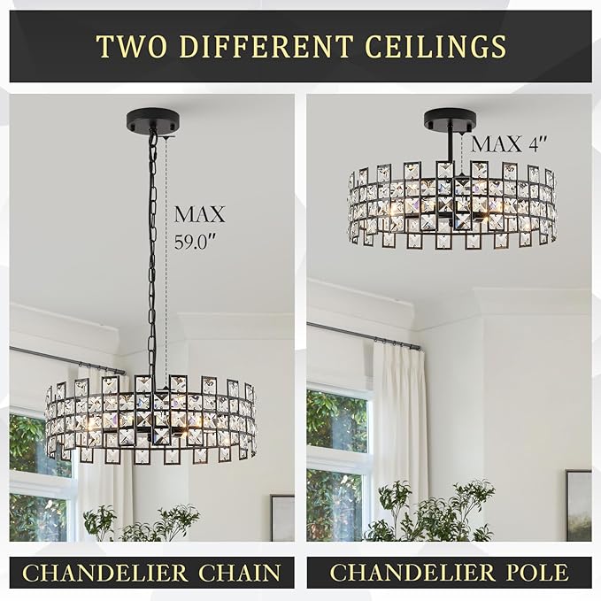 CATINER Black Crystal Semi Flush Mount Ceiling Light, 18'' Modern 6-Light Chandelier with G9 Base, Adjustable Crystal Ceiling Light Fixture for Dining Room, Bedroom, Entryway, Kitchen Island