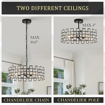 CATINER Black Crystal Semi Flush Mount Ceiling Light, 18'' Modern 6-Light Chandelier with G9 Base, Adjustable Crystal Ceiling Light Fixture for Dining Room, Bedroom, Entryway, Kitchen Island