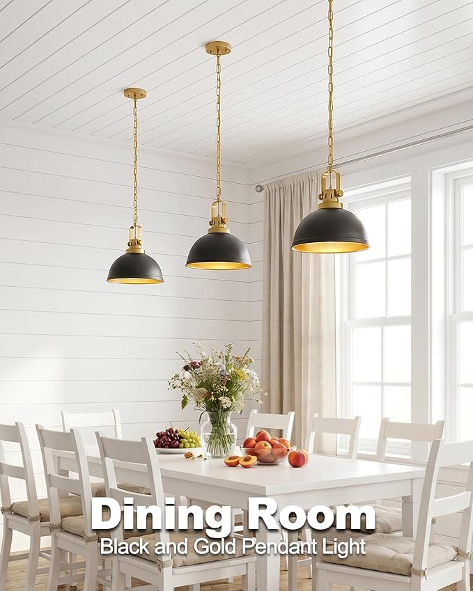 Black and Gold Pendant Lights Kitchen Island, 11.8 Modern Dome Pendant Lighting with Adjustable Chain Gold Metal Hanging Light Fixture for Kitchen Dining Room Restaurant Entrance Foyer Sink