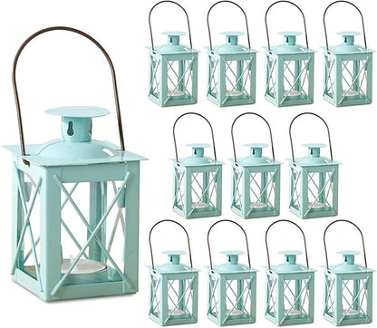 Kate Aspen Decorative Lanterns - Set of 12 - Luminous Metal Lantern Tealight Candle Holders for Wedding, Home Decor and Party - 4.5" H (6.5" H with Handle) – Blue