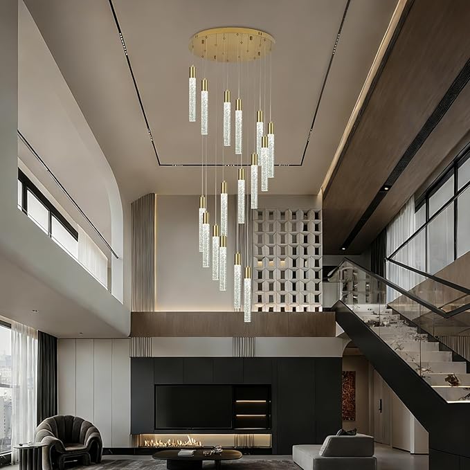 16 Lights Modern High Ceiling Crystal Chandelier, Gold Bubble Light Adjustable Height LED Chandeliers Ceiling Pendant Light Fixture for Living Room, Entryway, Staircase
