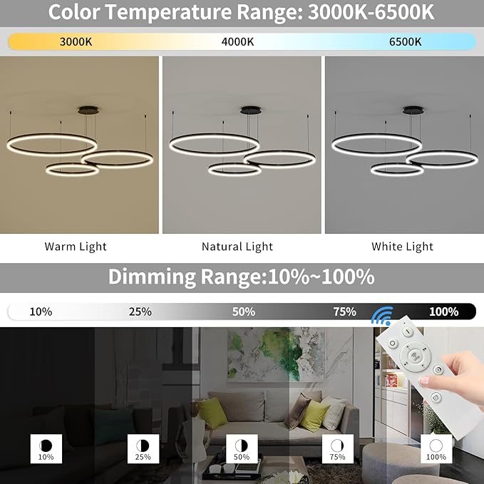 Mikeru Modern LED 3 Ring Chandelier Light, Ceiling Pendant Light Fixtures with Remote Control 3000k-6500K Adjustable Color Temperature Light for Living Room, Bedroom, Kitchen （15.7+23.6+31.5N）