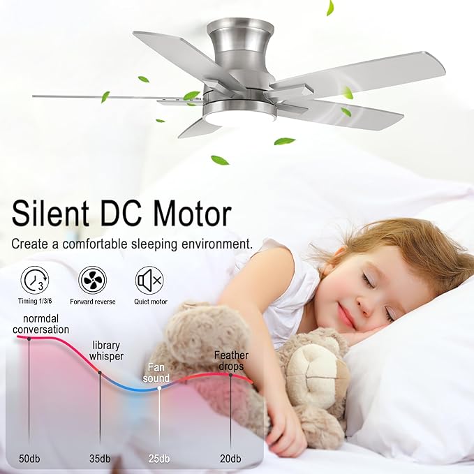 42 Inch Flush Mount Brushed Nickel Ceiling Fan with Light and Remote Control.Noiseless,Dimmable,3CCT,6 Speeds Reversible, Low Profile DC Ceiling Fans for Indoor or Covered Outdoor Use,ETL Listed