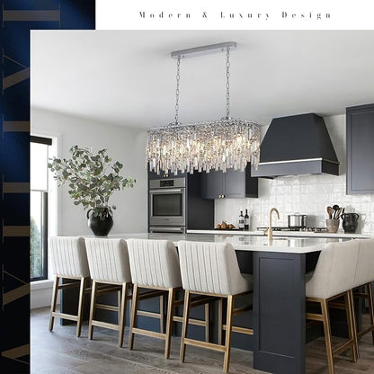 A AXILIXI Rectangular Crystal Chandelier for Dining Room Modern Chrome Chandelier Linear Rectangle Pendant Light Fixtures for Kitchen Island L33” K9 Luxury Long Chandelier for Living Room
