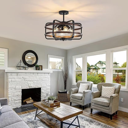 17.71'' Farmhouse Cage Semi Flush Mount Ceiling Light Fixture 4-Light Rustic Metal Ceiling Lighting Industrial Light Fixtures Vintage Ceiling Mount Black Chandeliers for Dining Room Kitchen Foyer E26