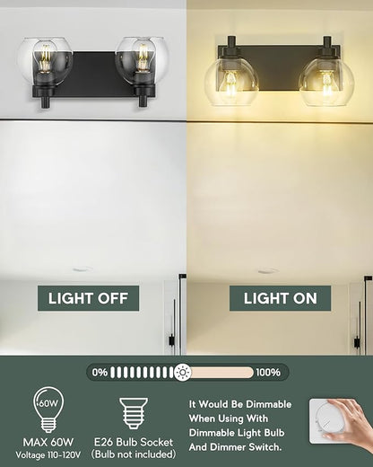 Bathroom Light Fixtures, 2 Light Matte Black Vanity Light, Modern Wall Sconces with Clear Glass Globe Shade, Bathroom Wall Lights Over Mirror Kitchen Bedroom Hallway, VL195-MB-2