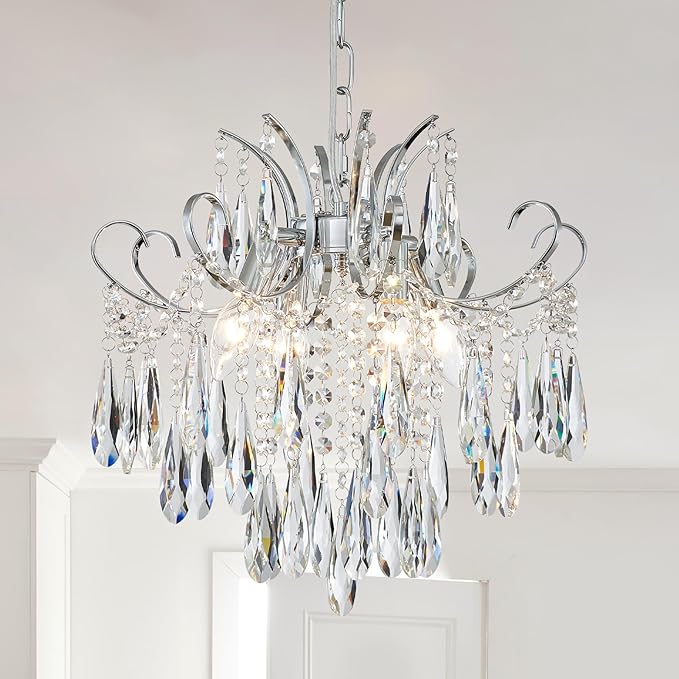 Modern Crystal Chandelier Ceiling Light Fixture, 4-Light Pendant Ceiling Hanging Lamp for Dining Living Room Bedroom Kitchen, 16" Chrome Chandelier