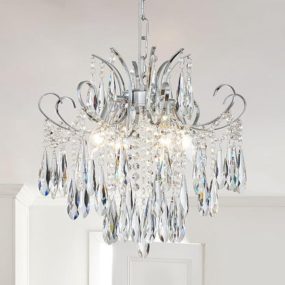 Modern Crystal Chandelier Ceiling Light Fixture, 4-Light Pendant Ceiling Hanging Lamp for Dining Living Room Bedroom Kitchen, 16" Chrome Chandelier
