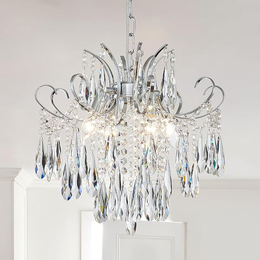 Modern Crystal Chandelier Ceiling Light Fixture, 4-Light Pendant Ceiling Hanging Lamp for Dining Living Room Bedroom Kitchen, 16" Chrome Chandelier