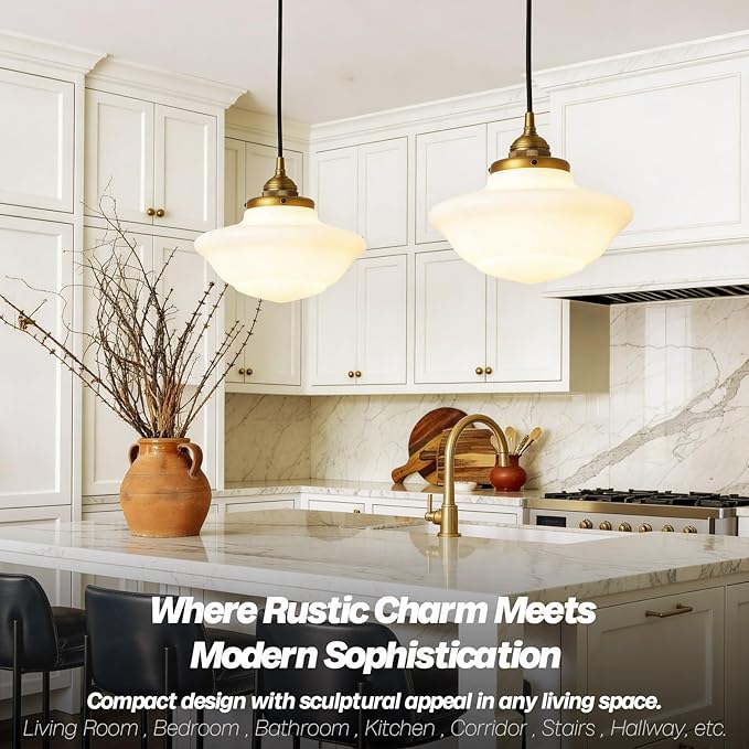 Modern Schoolhouse Ceiling Pendant Light with Milk White Glass Lampshade, Vintage Globe Hanging Ceiling Fixture Lamp for Kitchen Island Dining Room Hallway