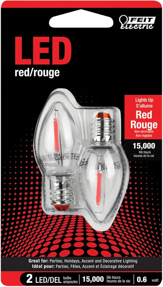 Feit Electric BPC7/R/LEDG2/2/6 0.6W 7W Equivalent Candelabra Base Christmas Holiday Decorative LED C7 Light Bulb, 2.15" H x 1" D, Red, 12 Count