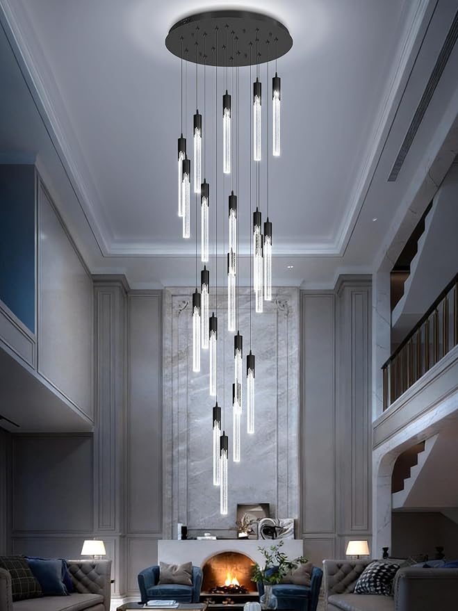 Flashing God Black 20 Lights High Ceiling Chandelier Modern Dimmable Light Fixtures Foyer Chandeliers Pendant Lighting Crystal Ceiling Chandelier Fixtures for Villa Staircase Hallway 11.5feet Long
