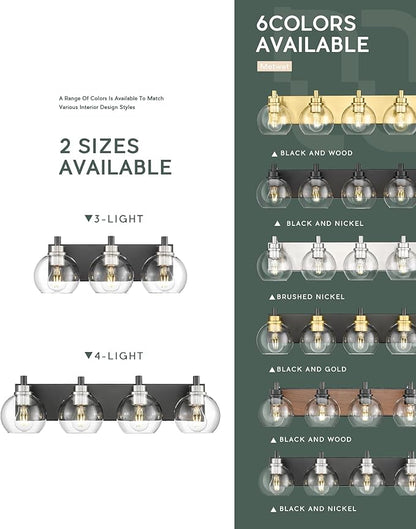 Bathroom Light Fixtures, 3-Light Black and Brushed Nickel Bathroom Vanity Light, Modern Wall Sconces with Globe Clear Glass Shade, Vanity Lighting Fixtures Over Mirror, VL195-KN-3