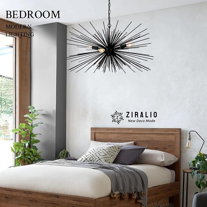 31“ Black Sputnik Chandelier Vintage 4-Lights Geometric Starburst Chandelier Light Fixture Modern Solid Metal Sputnik Chandeliers for Dining Room, Kitchen Island, Bedroom, Living Room, E12