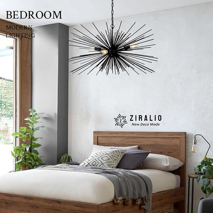 31“ Black Sputnik Chandelier Vintage 4-Lights Geometric Starburst Chandelier Light Fixture Modern Solid Metal Sputnik Chandeliers for Dining Room, Kitchen Island, Bedroom, Living Room, E12