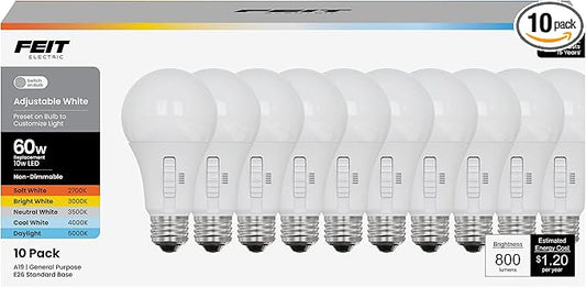 Feit Electric A19 LED Light Bulb, 60W Equiv, Non-Dimmable, Selectable Color Temperatures (2700K-5000K), 800 Lumens, General Purpose Light Bulbs, 17,000-Hour Lifetime, OM60/5CCT/15KLED/10, 10 Pack