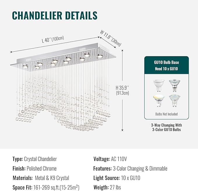 Siljoy Modern Wave Crystal Chandelier for Dining Room 10 Lights Luxury Rectangular Flush Mount Crystal Ceiling Light for Living Room Kitchen Island Length 40 Inch