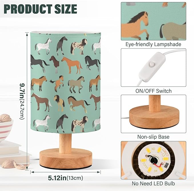 Horse Pattern on Blue Table Lamp with Wood Base Fabric Lamp Shade Bedside Nightstand Desk Lamp for Living Room Bedroom Kids Room Office