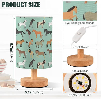 Horse Pattern on Blue Table Lamp with Wood Base Fabric Lamp Shade Bedside Nightstand Desk Lamp for Living Room Bedroom Kids Room Office