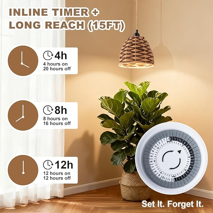 grow lights for indoor plants, full spectrum, automatic timer and 15FT power cord, 30W hanging growth lamp, 4000K plant light used for planting large tall plants, Ficus microcarpa, flowers, greenhouse