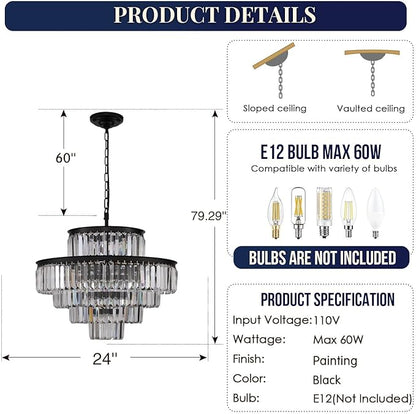 Black Modern Crystal Chandelier Pendant Ceiling Lights Chandeliers Lighting Fixture for Dining Living Room Foyer Hallway 13-Lights (Dia 24 Inch)