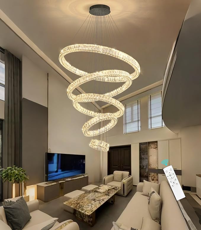 HAIXIANG 5-Rings Modern Chandelier with LED Dimmable Lights Crystal High Ceiling Chandeliers Lighting for Living Room Foyer Entryway Luxury Indoor Light Black Fixtures
